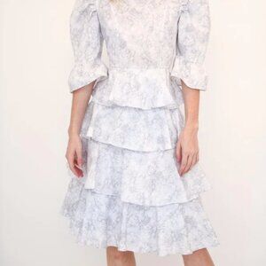 Batsheva White Floral Tiered Long Sleeve Dress